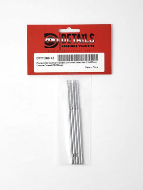 Hobby Details Premium Hex Screwdriver Tips - Chrome Coated - 1.3mm - 100mm Long - Bag of 5