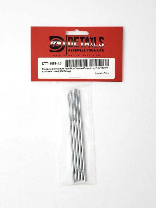 Hobby Details Premium Hex Screwdriver Tips - Chrome Coated - 1.5mm - 100mm Long - Bag of 5