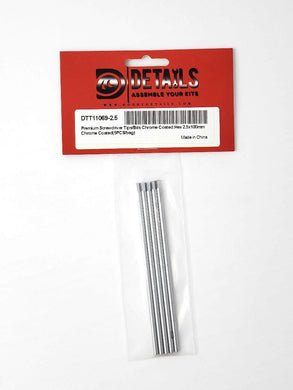 Hobby Details Premium Hex Screwdriver Tips - Chrome Coated - 2.5mm - 100mm Long - Bag of 5