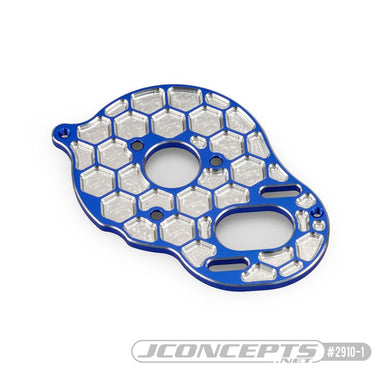 JConcepts DR10, SR10 Aluminum +2mm Rear Motor Plate - Honeycomb - Blue - Fits Team Associated DR10, SR10