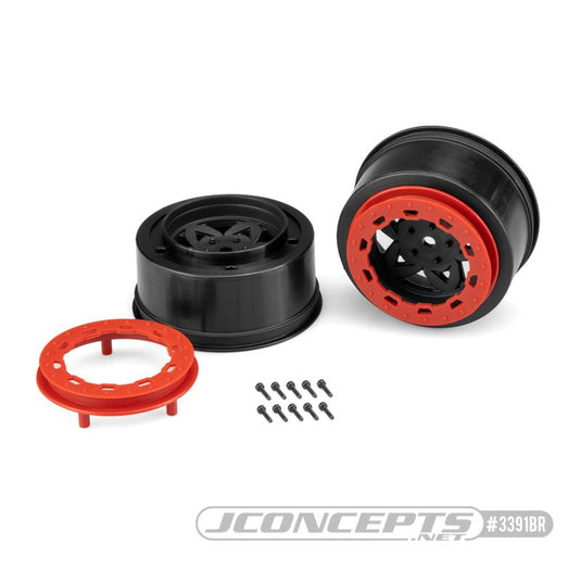 JConcepts Tremor, Slash rear, Slash 4x4 F&R wheel - black wheel / red beadlock - 2pc. (Fits - SCT 3.0 x 2.2" tire)
