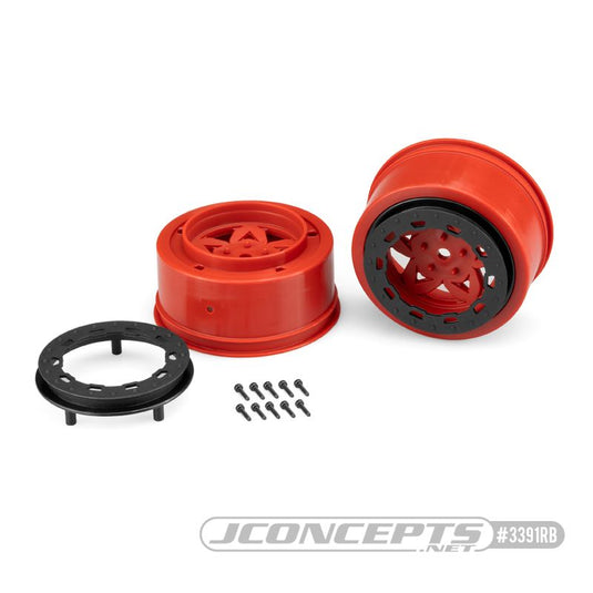 JConcepts Tremor, Slash rear, Slash 4x4 F&R wheel - red wheel / black beadlock - 2pc. (Fits - SCT 3.0 x 2.2" tire)