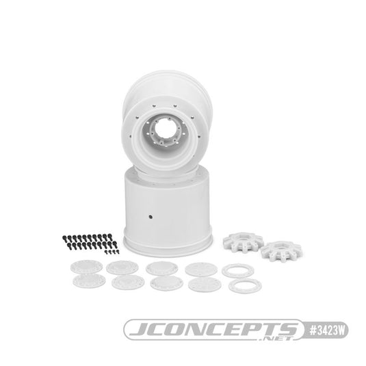 JConcepts - Aggressor - 2.6 x 3.8" 17mm Hex Monster Truck Wheel, (White) with Interchangeable Hubs (Fits - Traxxas E-Revo 2.0, Arrma Kraton)with interchangeable hubs