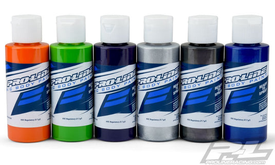 Pro-Line RC Body Paint Secondary Color Set (6 Pack) - Orange, Green, Purple, Aluminum, Metallic Charcoal, Pearl Blue