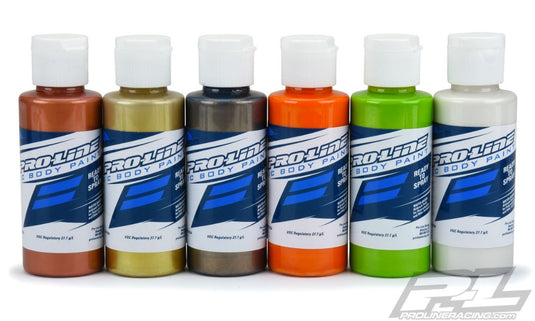 Pro-Line RC Body Paint Metallic/Pearl Color Set (6 Pack) - Metallic Copper, Metallic Gold, Metallic Pewter, Pearl Orange, Pearl Lime Green, Pearl White