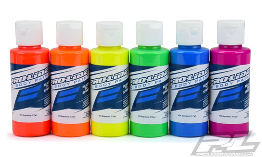 Pro-Line RC Body Paint Fluorescent Color Set (6 Pack) - Fluorescent Red, Fluorescent Orange, Fluorescent Yellow, Fluorescent Green, Fluorescent Blue, Fluorescent Fuchsia